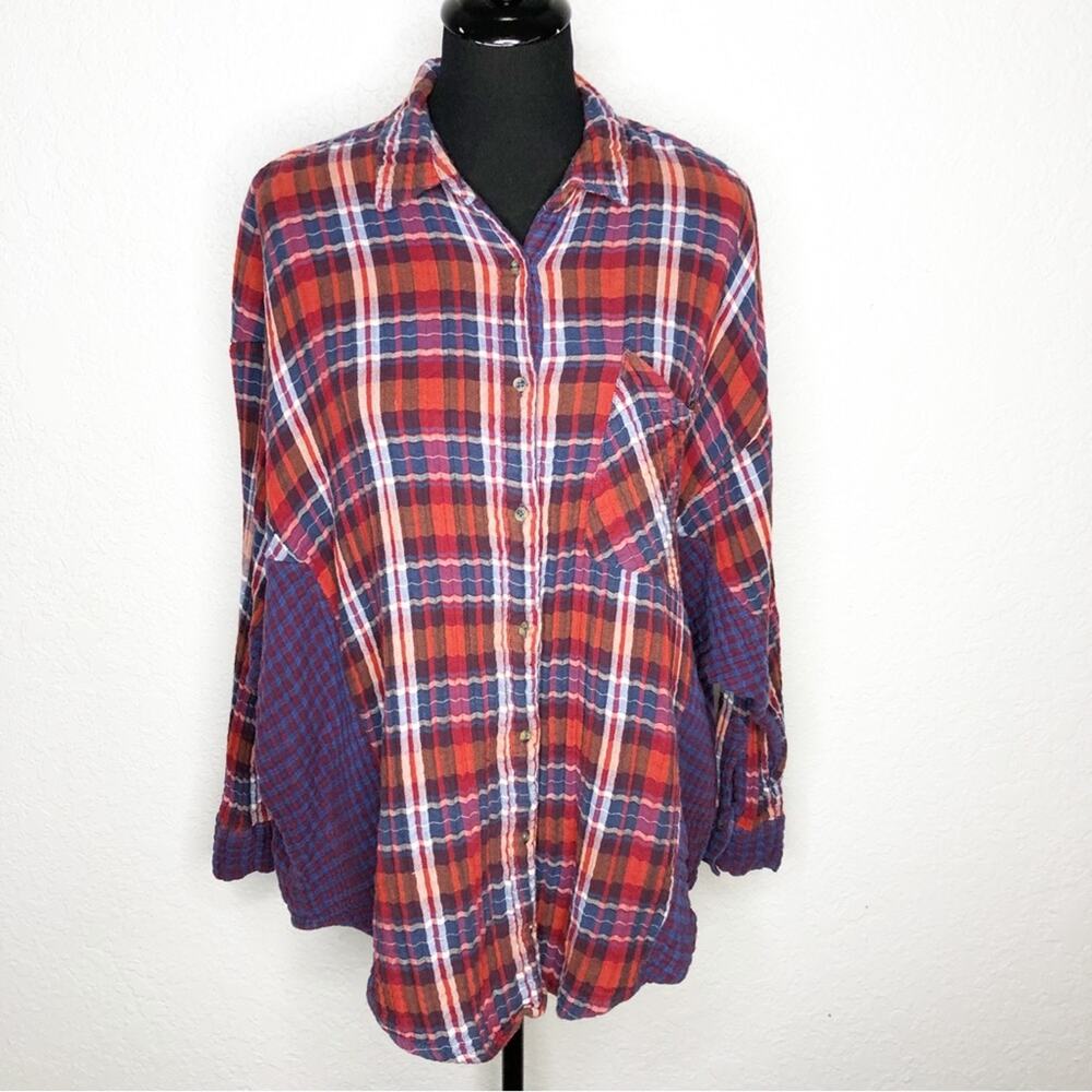 Free People Magical Plaid red blue white mixed plaid button down shacket Large - Picture 2 of 16